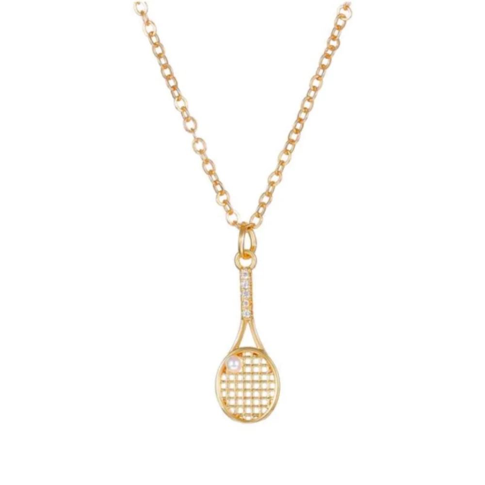 Minimalist Tennis Racket and Pearl Ball Trendy Gold Necklace - Picture 2 of 4